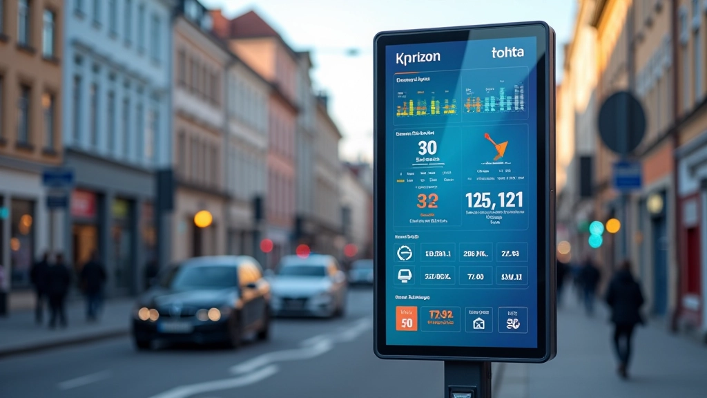 Suur digitaalne andmepaneel Tallinna tänaval, näitab parkimise, õhu kvaliteedi ja jäätmeveo andmeid, päevavalguses, teravate värvide ja numbrite näitamisega