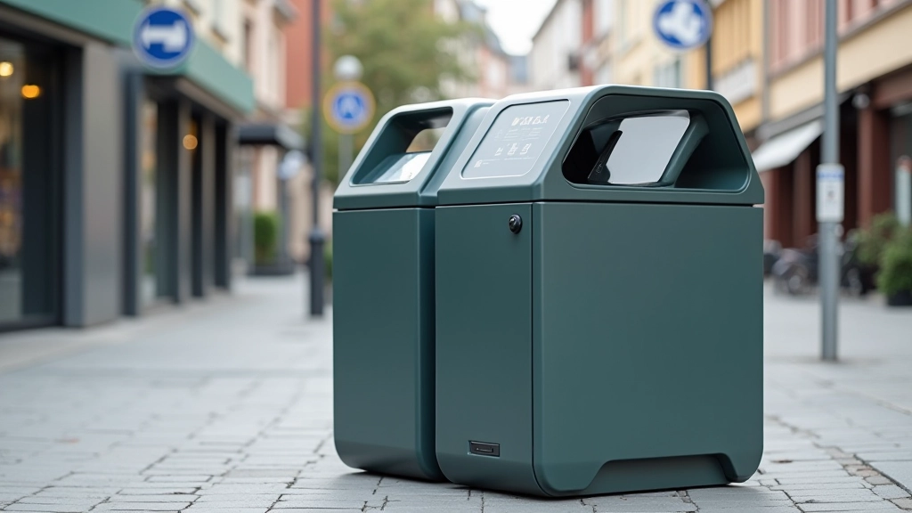 Jäätmeveo kogumine Tallinna tänaval, nähtavad on nutikad konteinerid, mis näitavad täitumise taset, päevavalguses, detailirohke kaadris